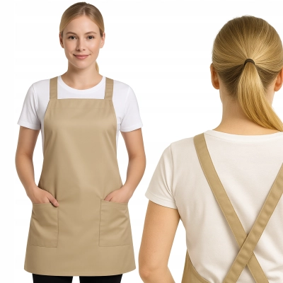 FARTUCH materiałowy KOSMETYCZNY fryzjerski beżowy wiązany uniwersalny