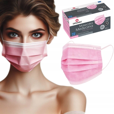 Maseczki chirurgiczne MEDYCZNE Polskie w pudełku ochronne Różowe 50 sztuk